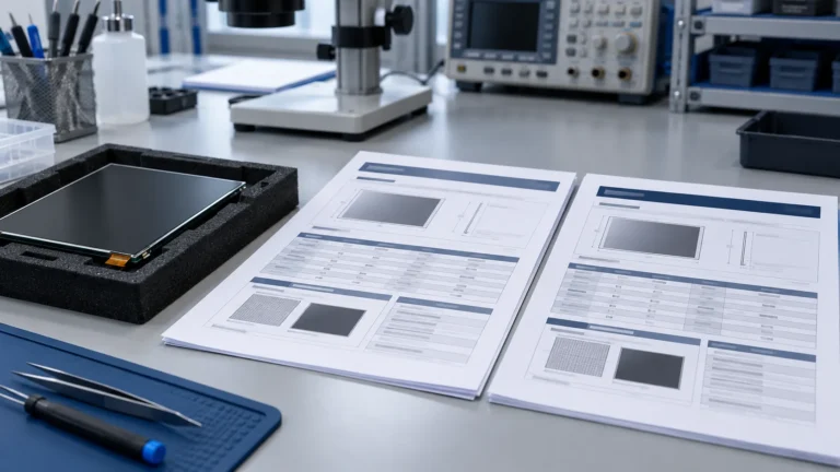 Unbranded LCD sample beside specification documents on a clean electronics inspection bench
