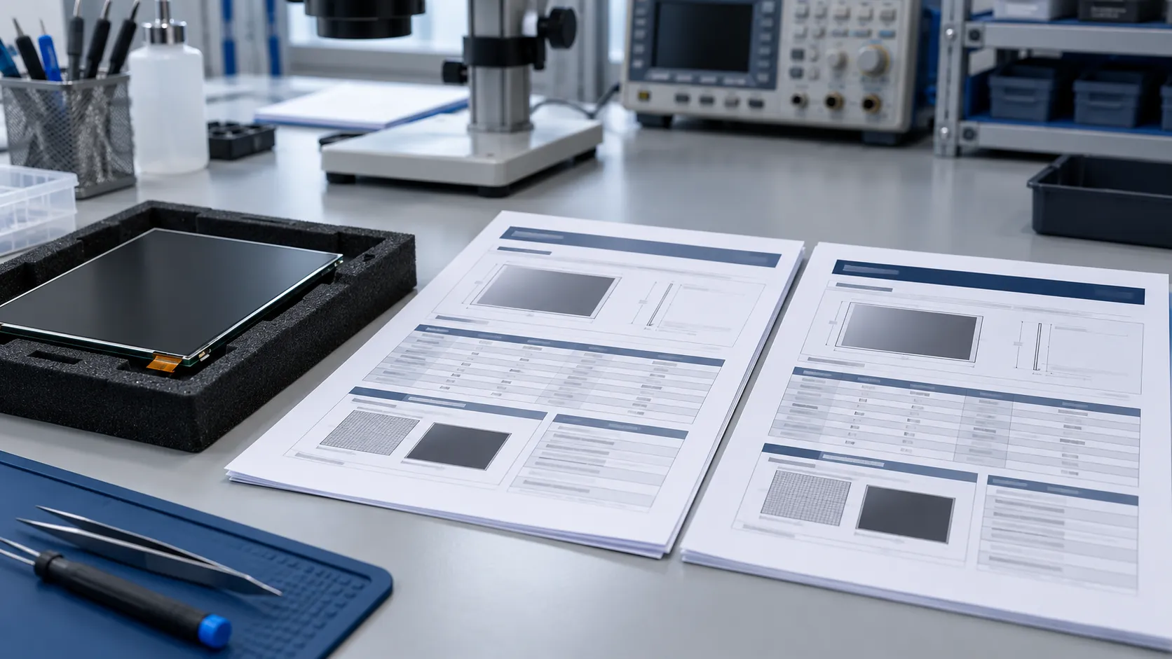 Unbranded LCD sample beside specification documents on a clean electronics inspection bench