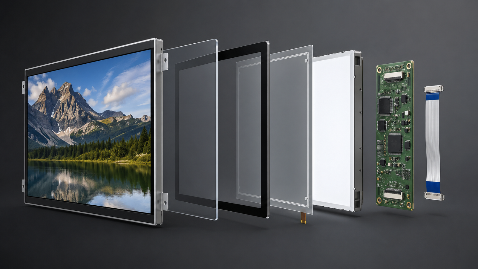 T215HVN05.1 LCD panel integration structure with driver board, LVDS cable, backlight, touch panel and cover glass