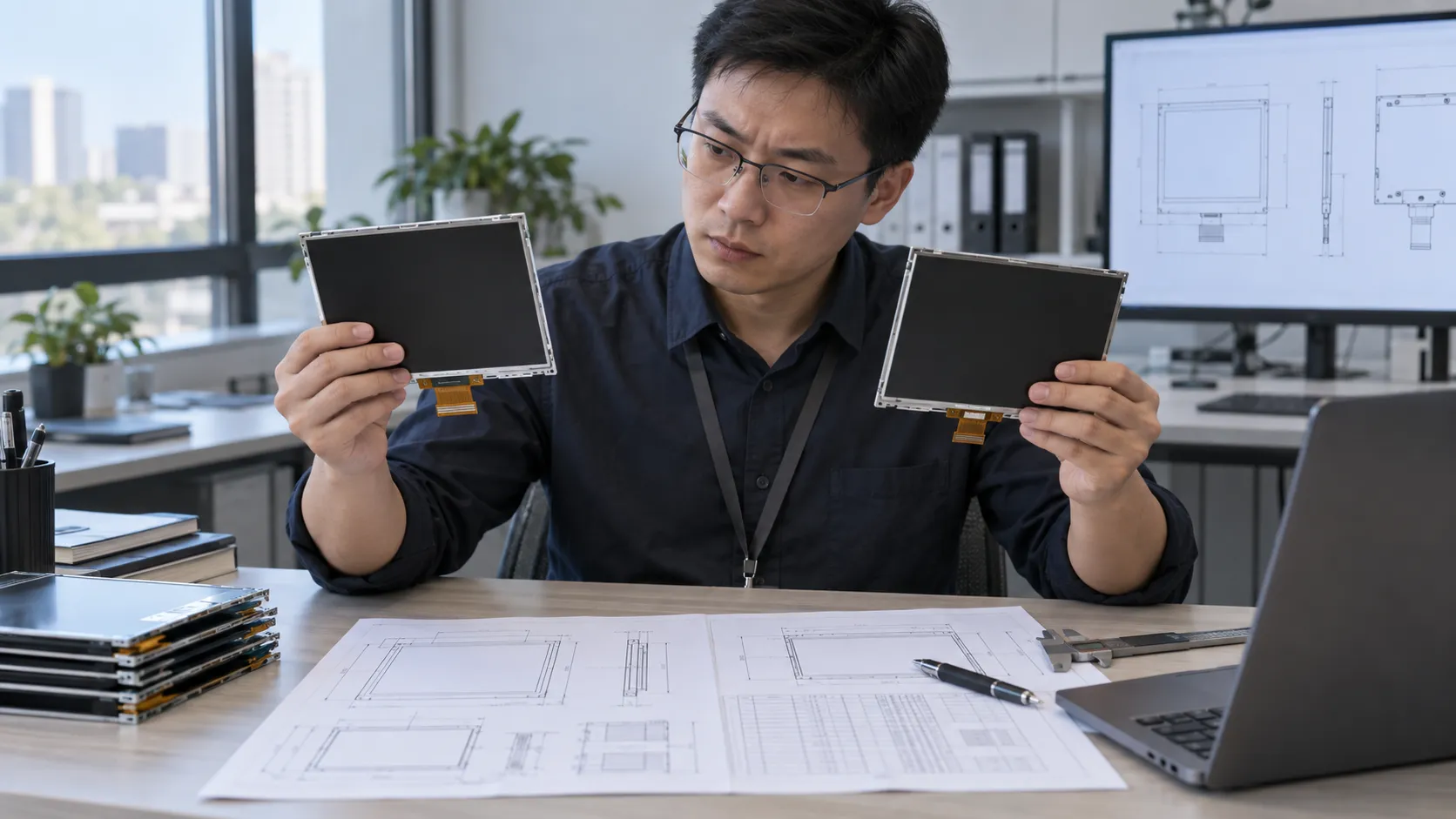 Chinese technician comparing industrial LCD modules at a clean display inspection workstation