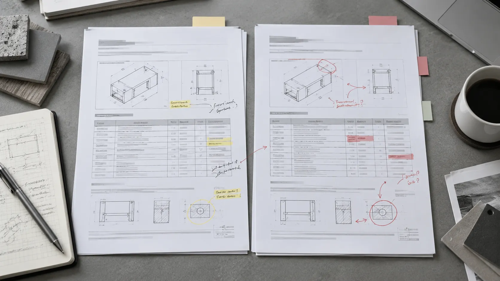 Two document revisions arranged side by side on a technical review desk