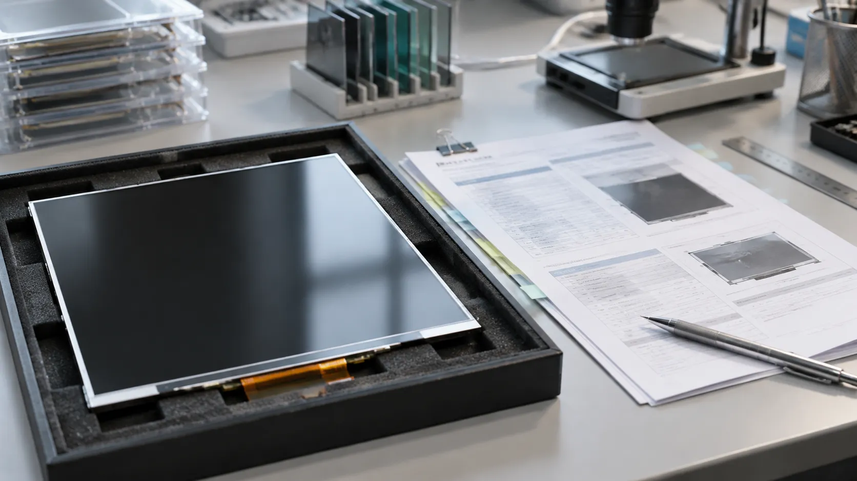 Unbranded LCD sample beside review documents on a clean inspection bench