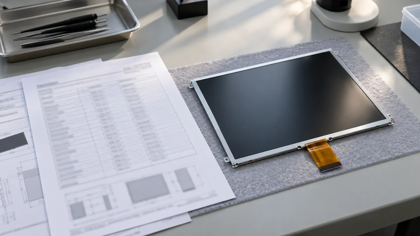 Specification documents and an unbranded LCD sample on a technical review desk
